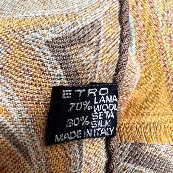 Vgt  ETRO scarf 70%Wool/39% Silk 56"x17" Rusty Gold Blue Paisley Fringed (37) - Picture 7 of 11